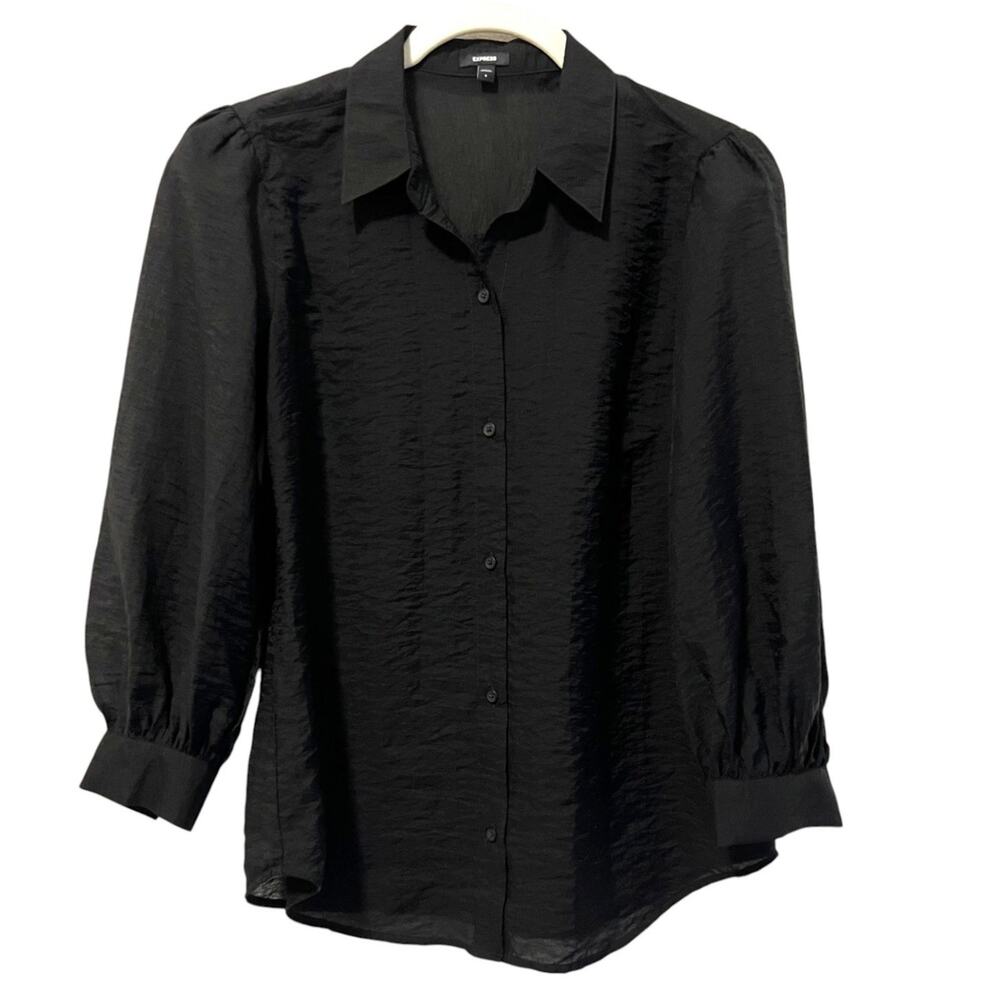Express Womens Button Front Blouse Small Black Lyocell Nylon Collared 3/4 Sleeve
